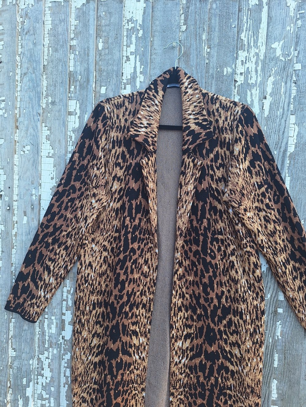 Tahari Leopard-Print Long Cardigan Coat - Brown/Black - Picture 3 of 7